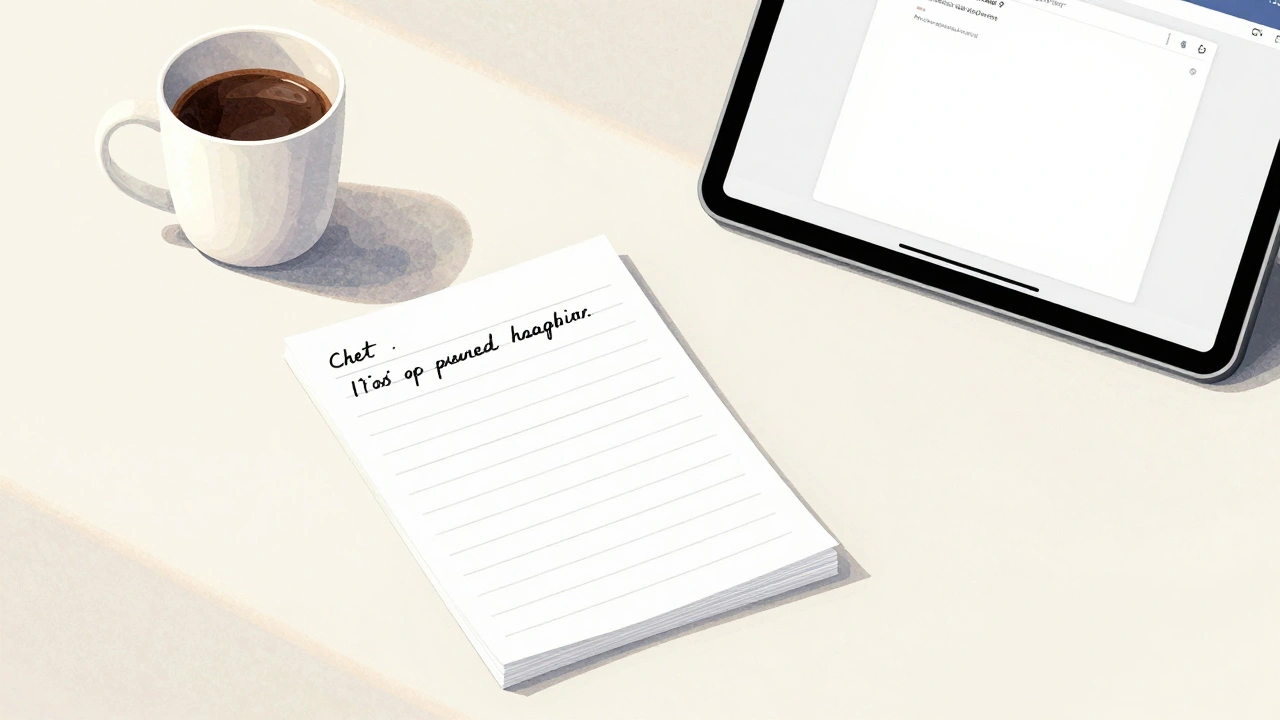A clean desk with a personalized cheat sheet and tablet, symbolizing clarity and independence after one-on-one tech coaching.