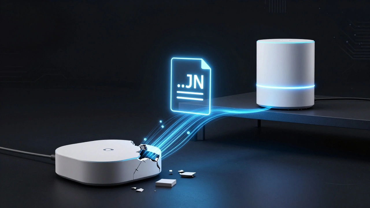 A damaged smart home hub on the floor while a working one glows, connected by floating digital data streams.