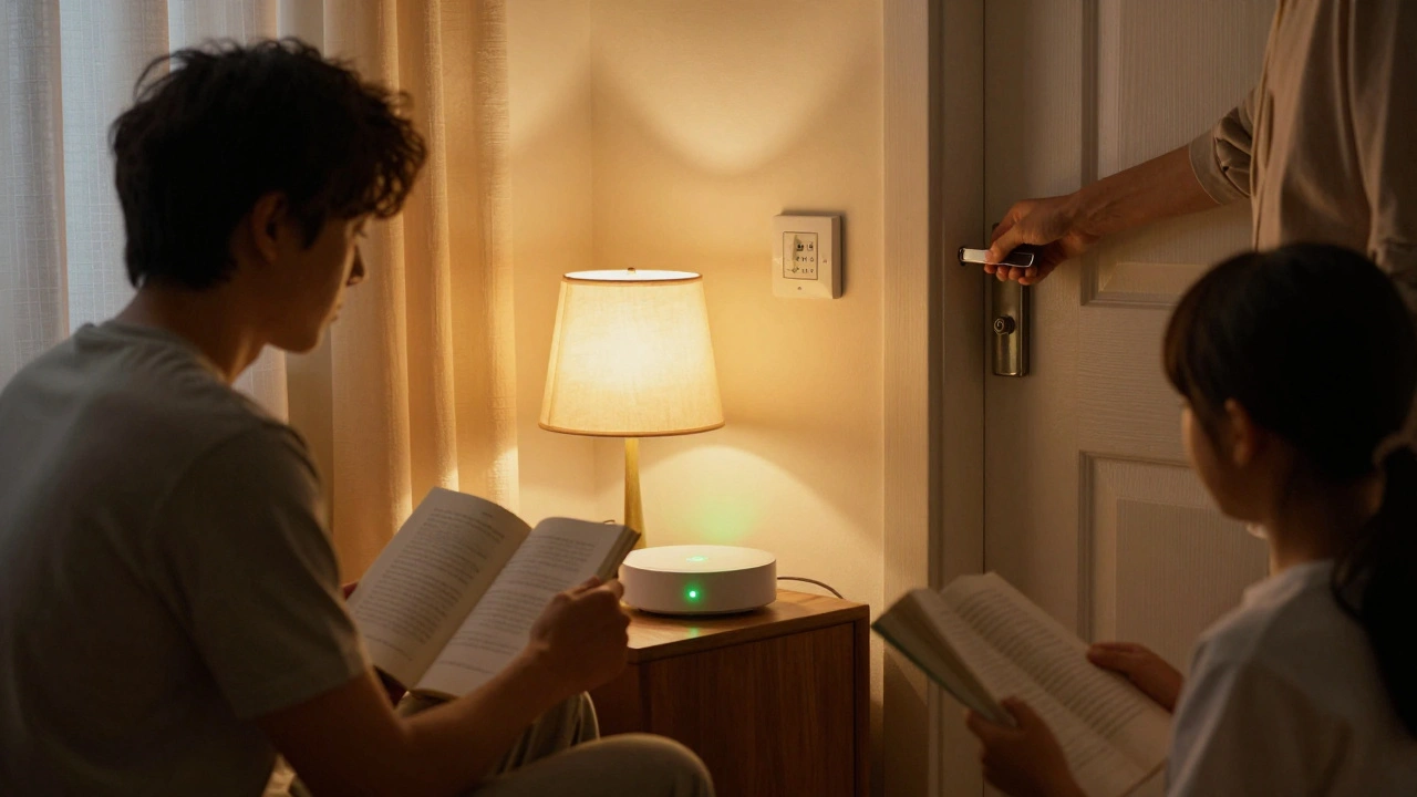A family calmly using local smart home controls during an internet outage, with thermostat, keypad, and wall switch in use.