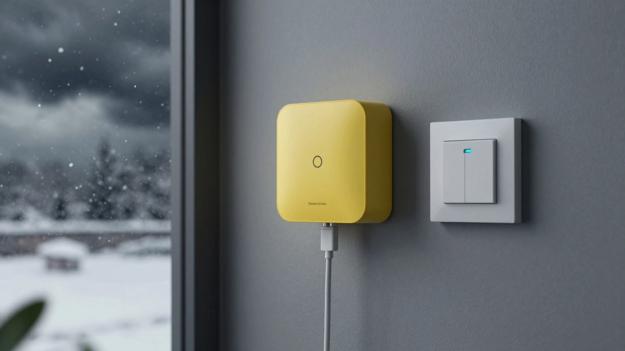 A Home Assistant hub connected to smart devices via Zigbee, operating without internet during a snowstorm.