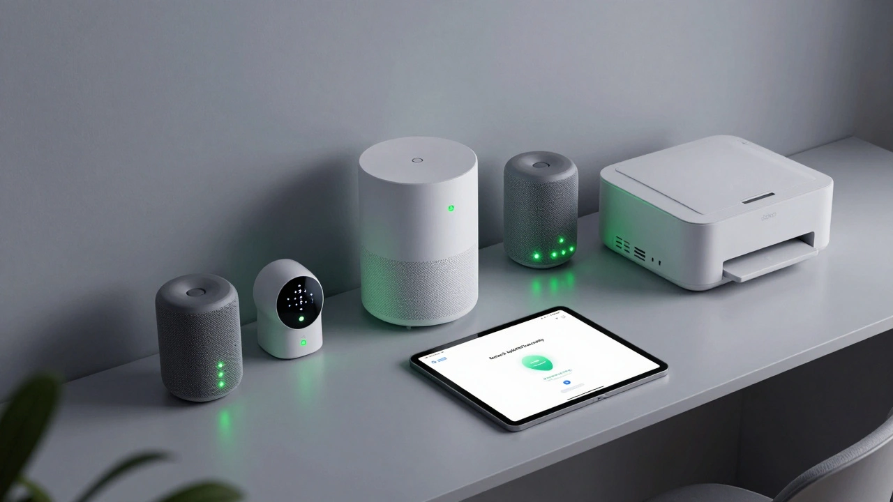 A mesh Wi-Fi system automatically reconnecting multiple smart devices, all glowing green with steady connection lights.