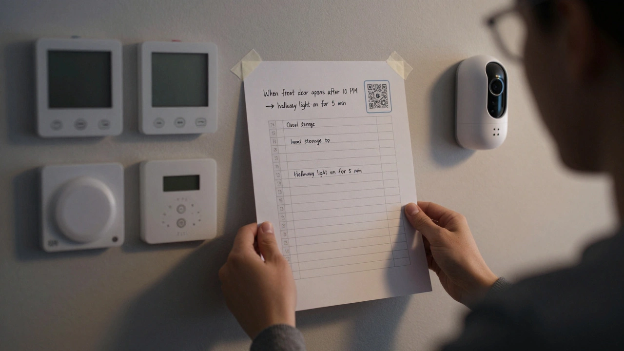 A printed sheet of smart home automation rules taped to a wall with handwritten notes and a QR code.