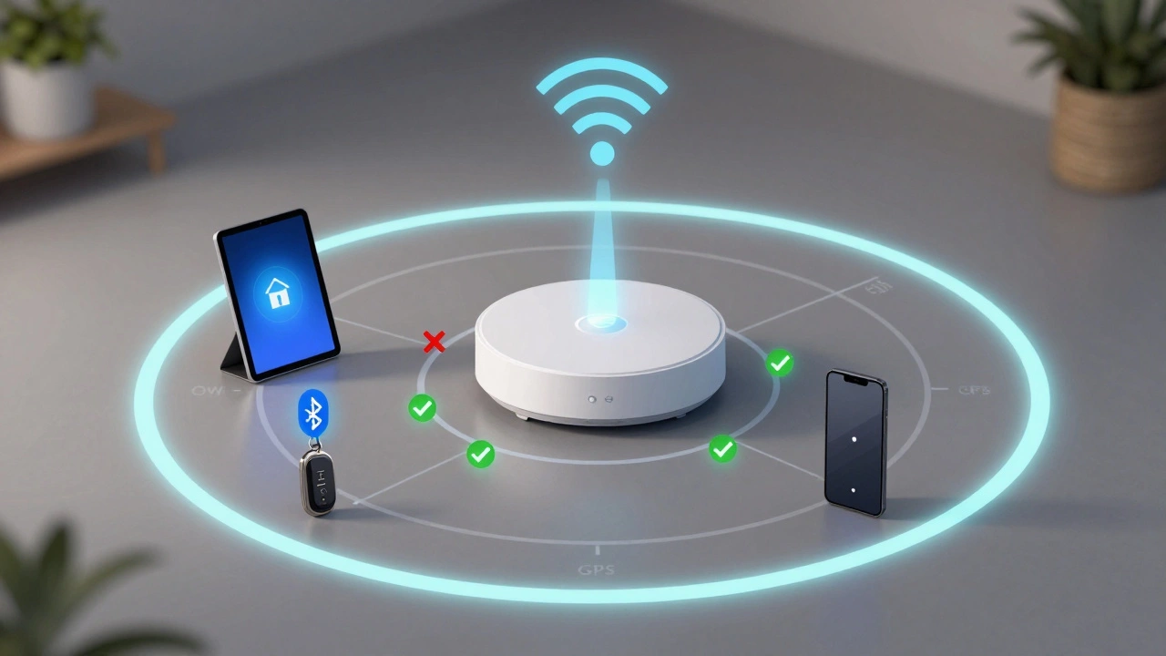 A smart home hub visualizes geofencing and device signals with glowing data streams around a house.