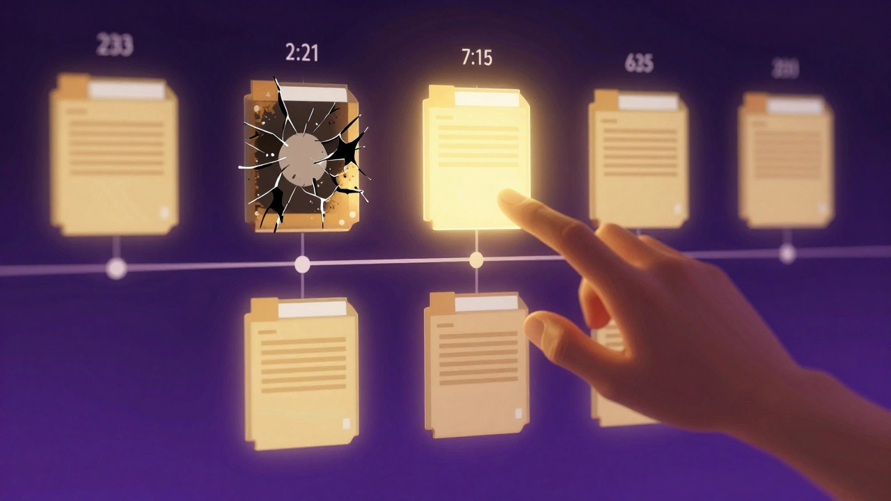 A timeline of file versions, one corrupted by ransomware, others clean and selectable.