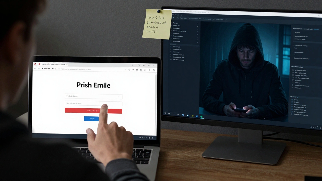 An employee clicking a phishing email while a hacker steals data in the background, with a sticky note showing passwords.