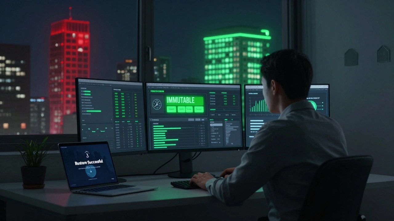 An IT admin monitoring a secure backup dashboard with a city under cyber attack in the background.