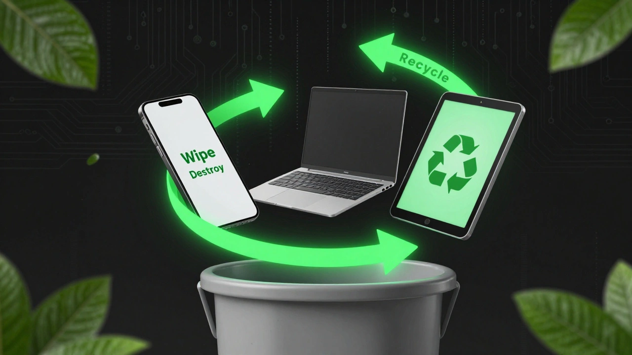 Devices being securely wiped, destroyed, and recycled with symbolic green arrows.