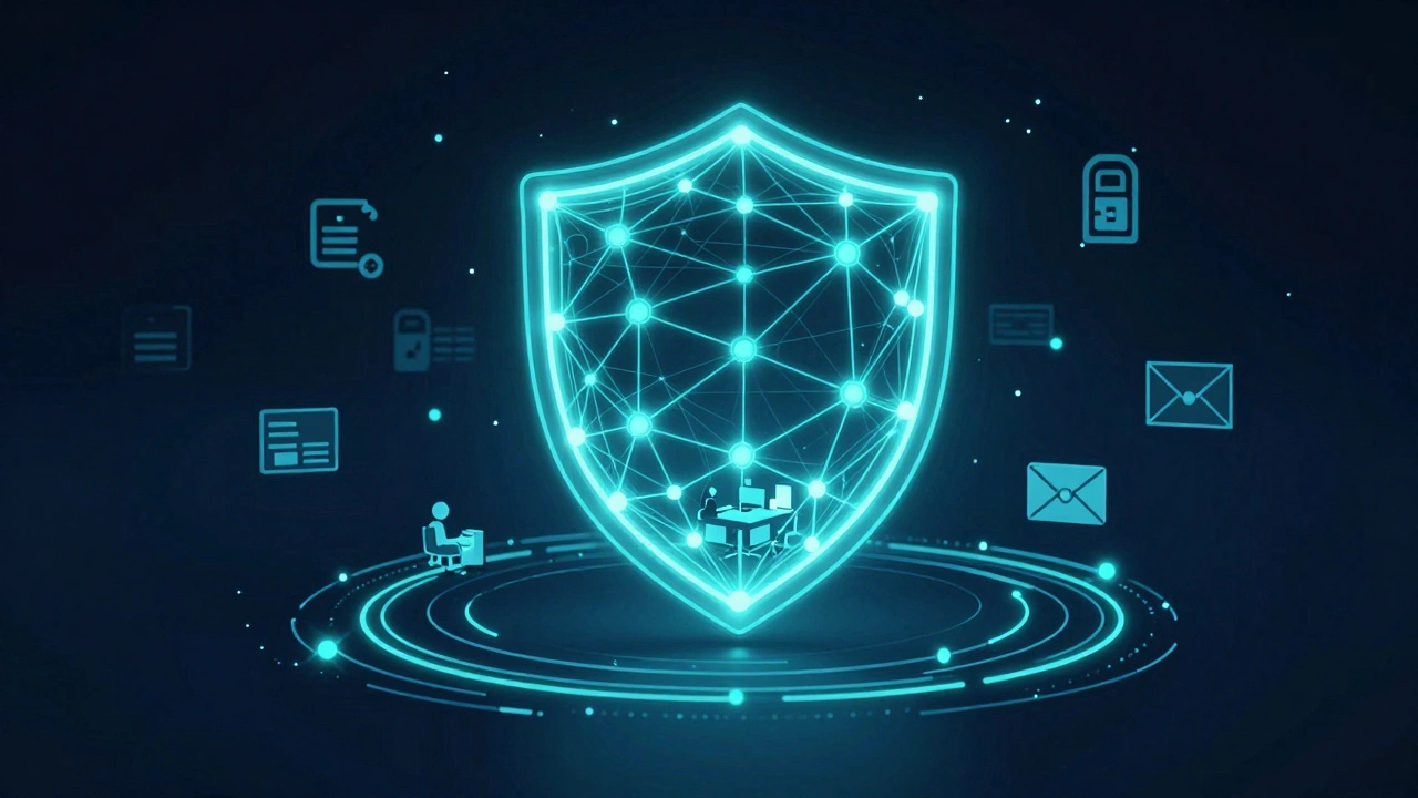 Glowing digital shield protecting a small business office with data security icons floating around.