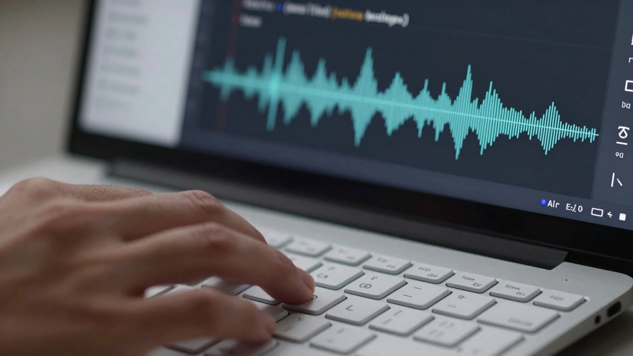 Hand navigating a code editor with keyboard shortcuts while a screen reader interface pulses nearby.