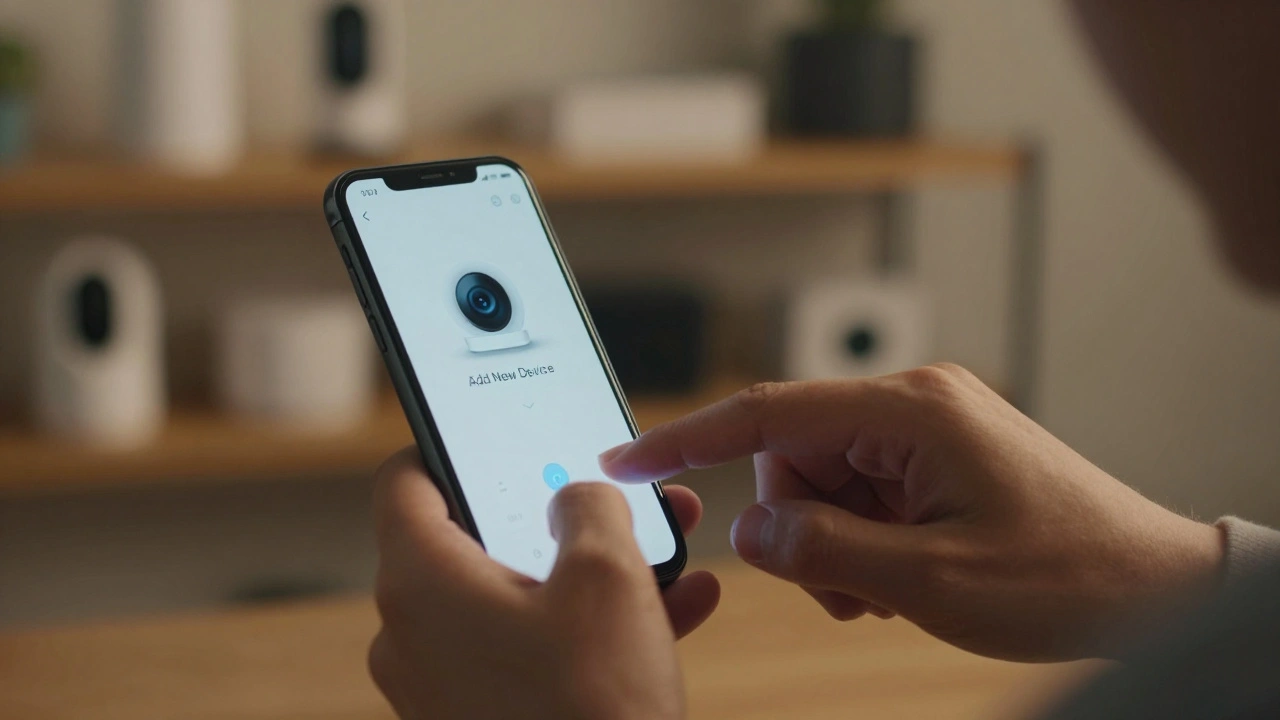 Hands resetting a smart camera as its LED flashes blue, with a smartphone showing a device setup wizard in the background.