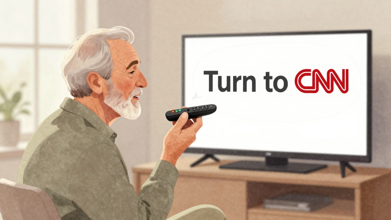 Senior man using voice control on a simplified remote as TV displays clean channel options.