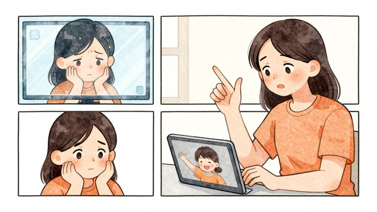 Three illustrated panels showing a client’s journey from tech frustration to confident video sharing with family.