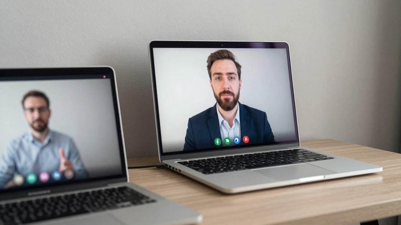 A business traveler's Zoom meeting displayed on a hotel TV, laptop nearby, no wires.
