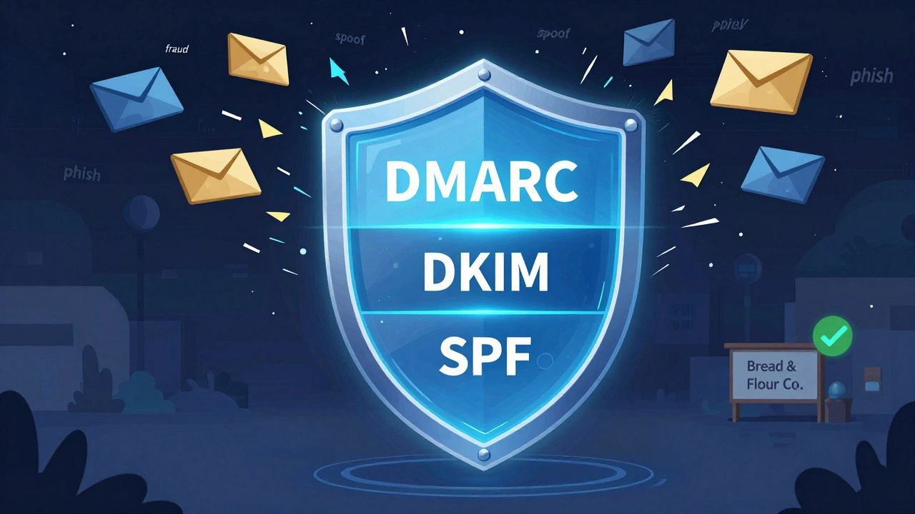 A digital shield with three layers—SPF, DKIM, DMARC—blocking a storm of fake phishing emails in cyberpunk style.