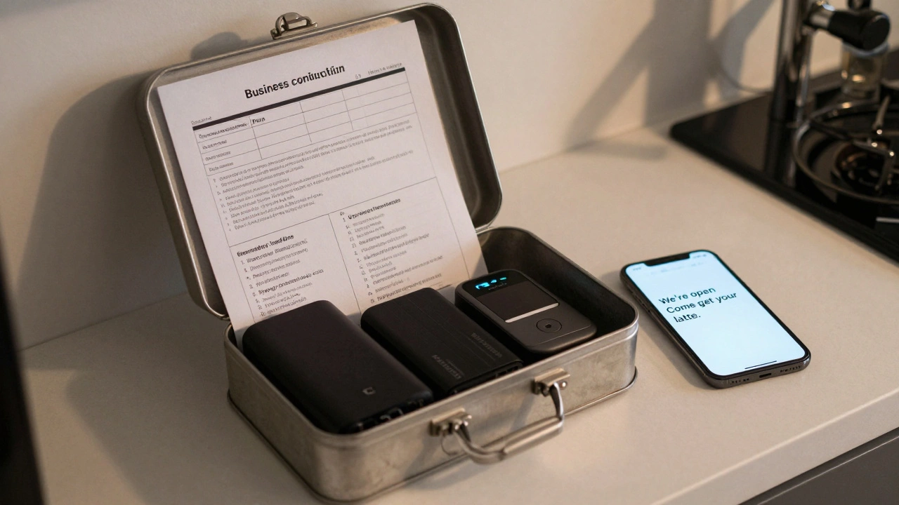 A fireproof box containing a business continuity plan, backup charger, mobile payment device, and emergency contact list.
