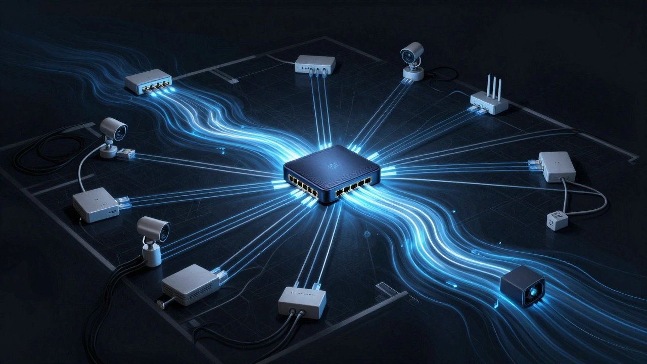 A glowing network diagram shows PoE power flowing from a central switch to cameras and access points throughout a home.