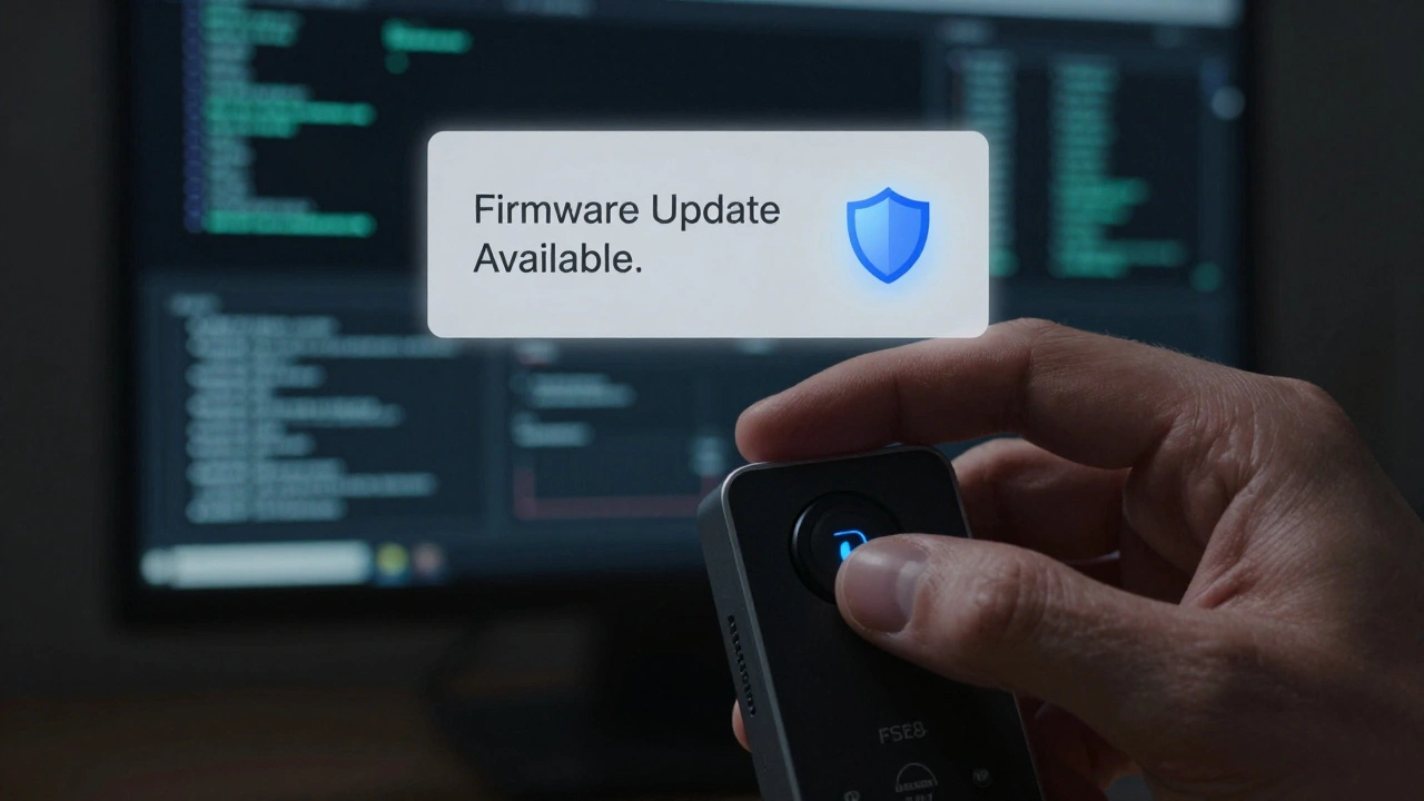 A hand pressing the reset button on a smart camera with a firmware update notification in the background.