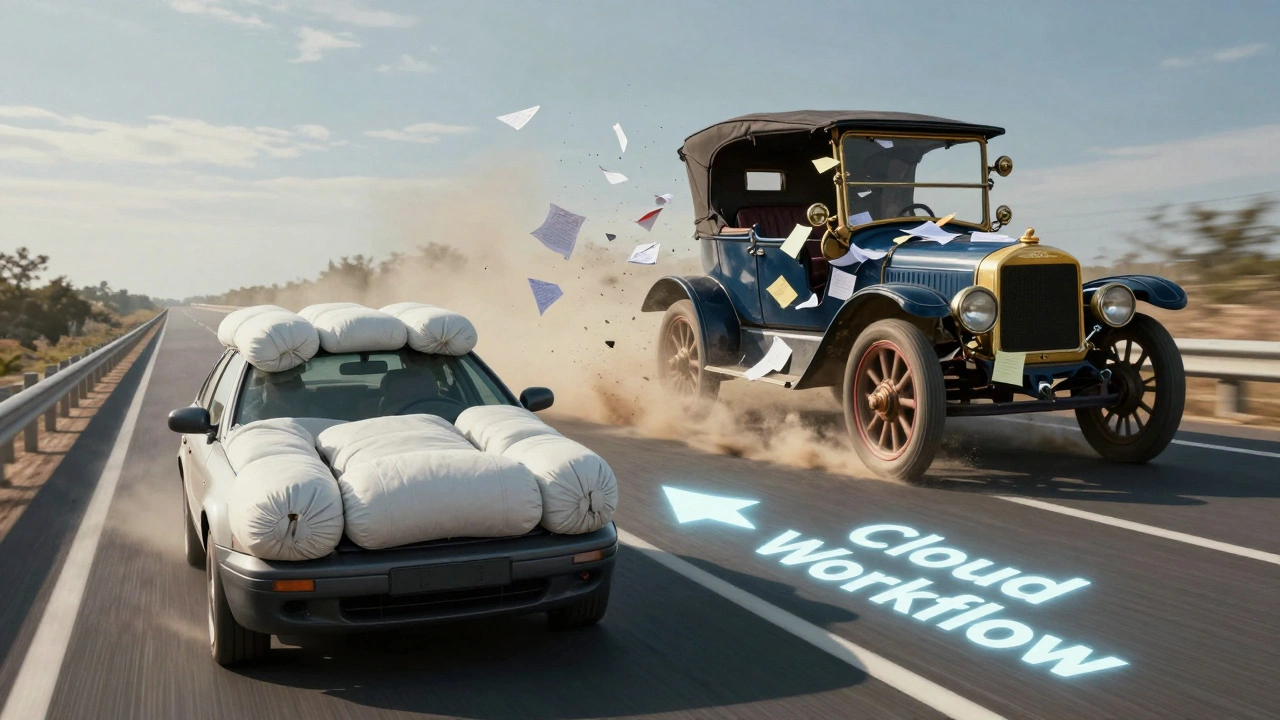 A modern car driving forward on a cloud workflow highway while an old Model T crumbles with paper chaos.