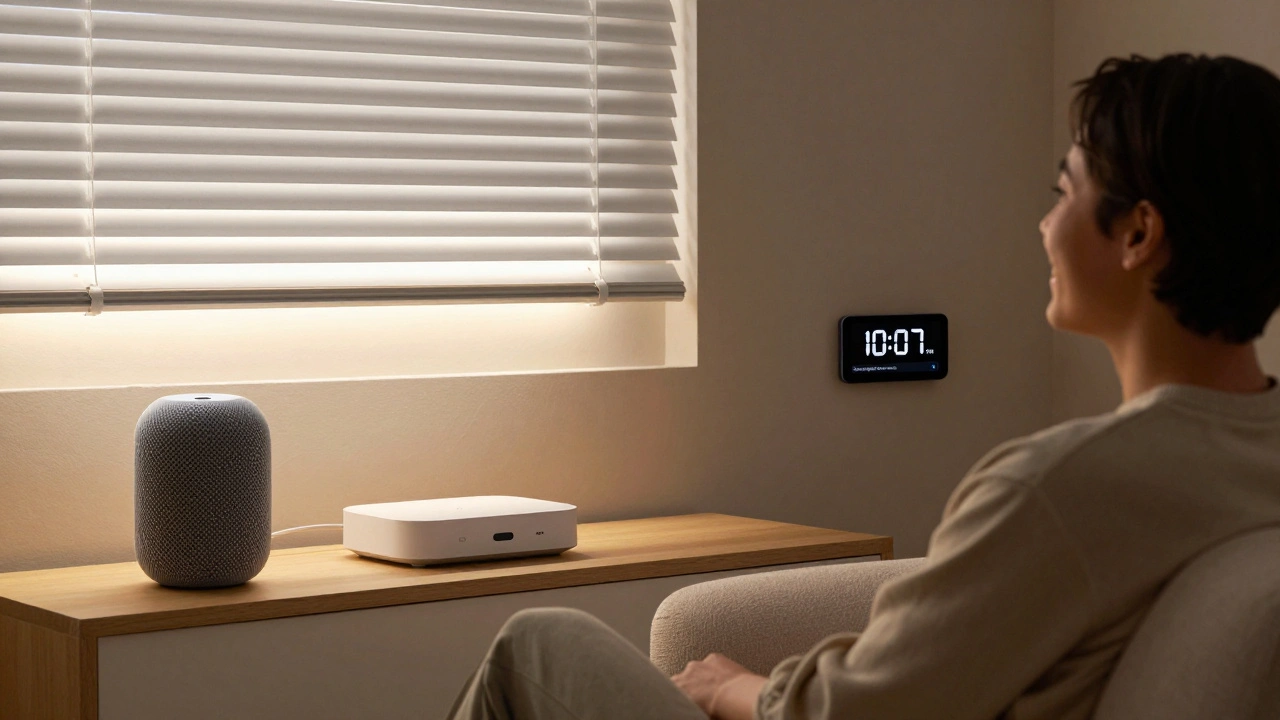 A peaceful bedroom scene where lights and blinds respond instantly to an automated scene, with no cloud dependency visible.