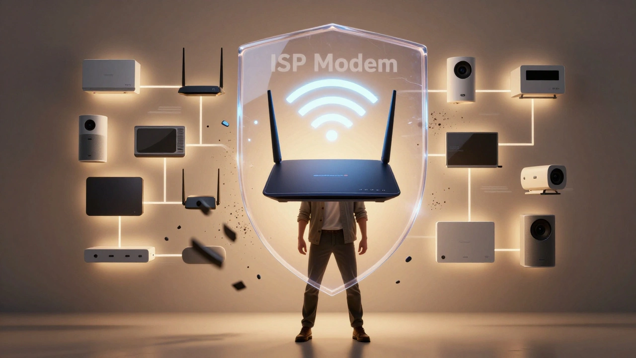 A person standing before a wall of connected devices, with an ISP modem crumbling away as a modern router radiates clean Wi-Fi signals.