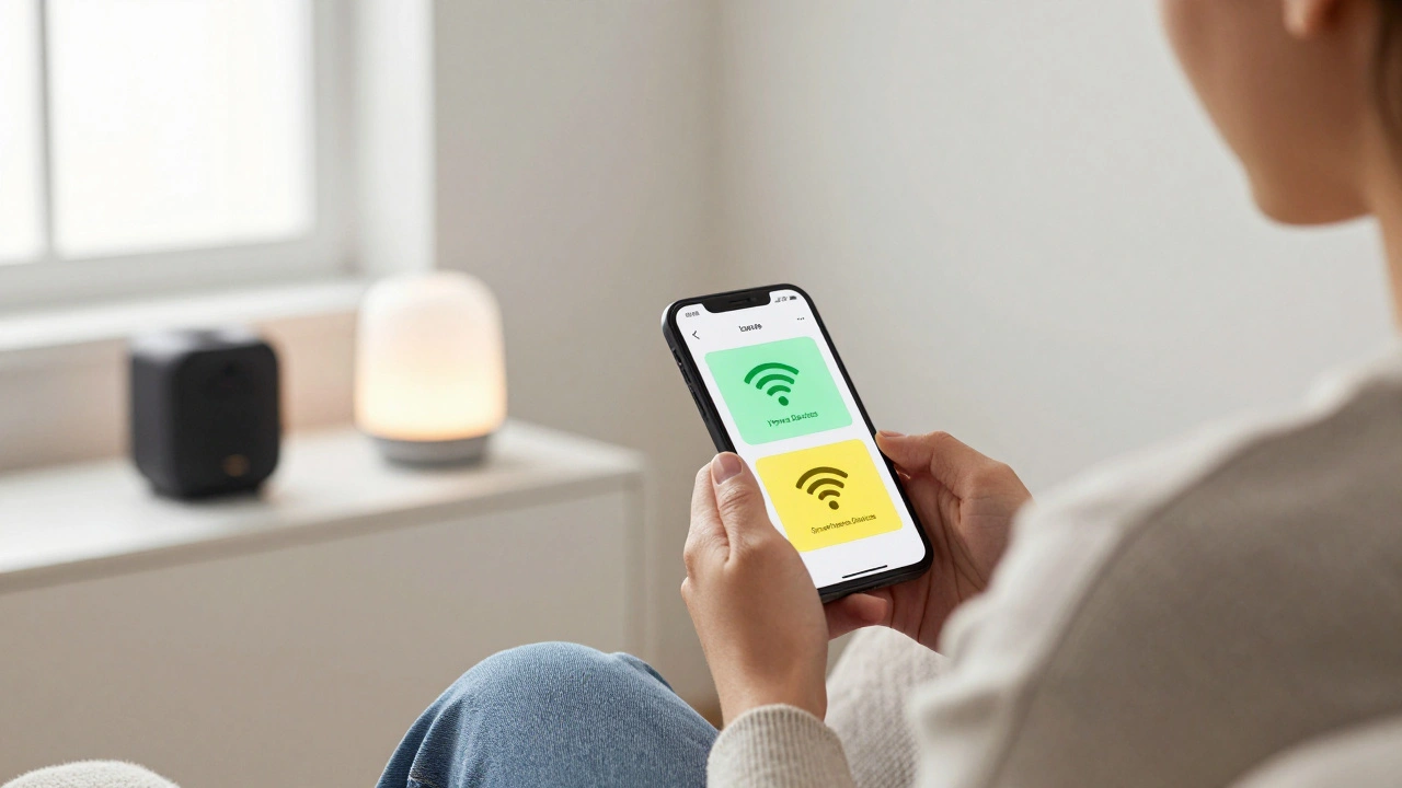 A person viewing router settings on a phone, showing two separate Wi-Fi networks for home and IoT devices.