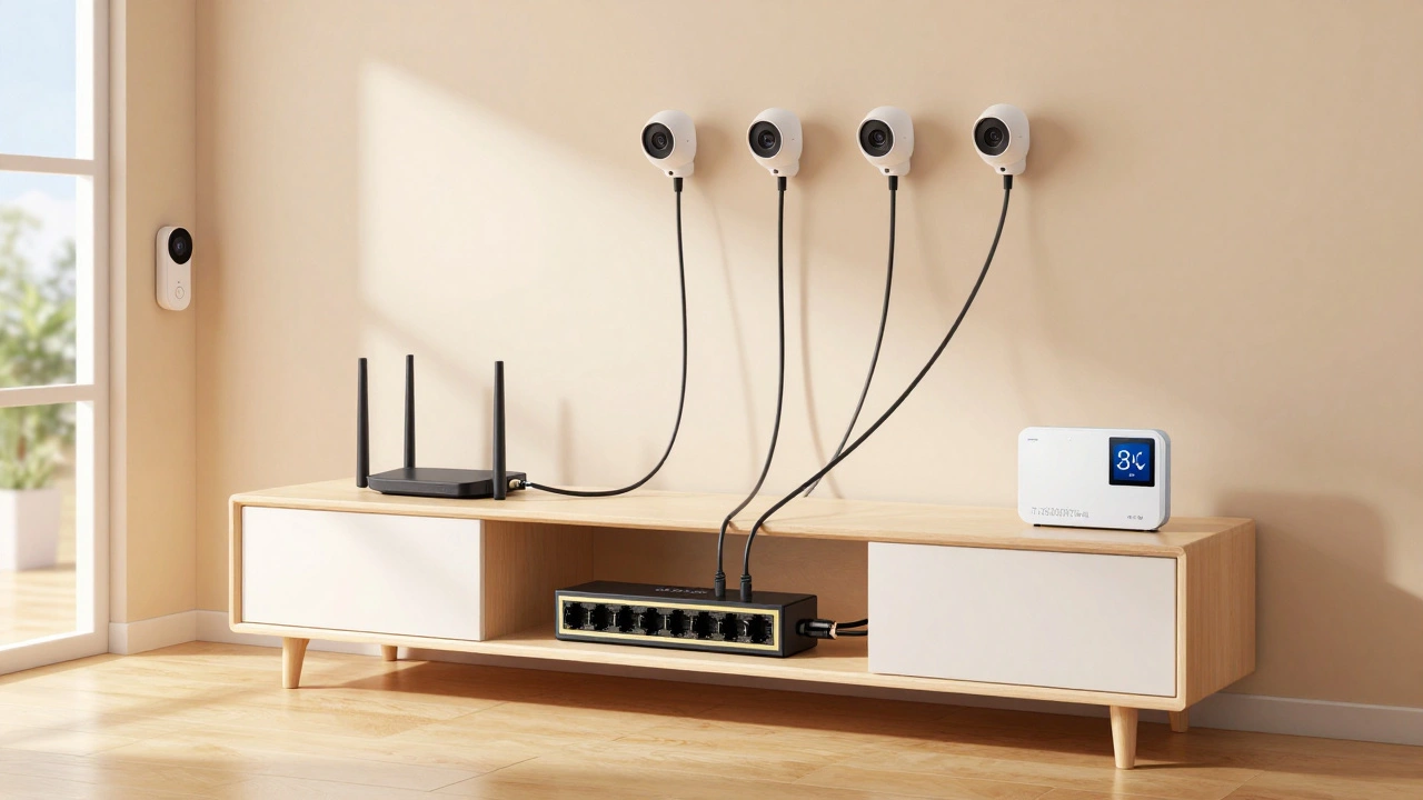 A PoE switch under a TV stand quietly powers smart home devices with neatly routed cables, creating a clutter-free living space.