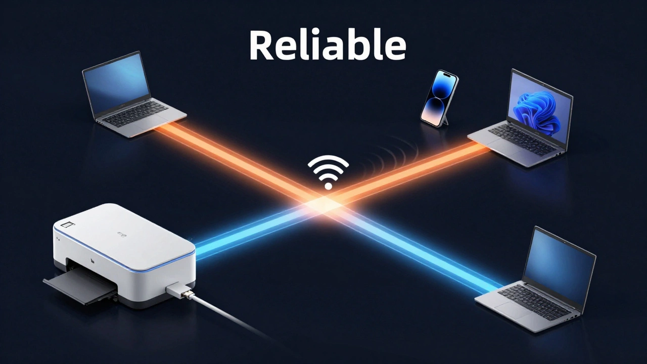 A printer with two paths: a USB cable to one device and Wi-Fi signals reaching multiple devices.