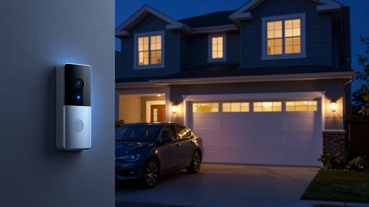 A secure smart home at night with automated door locks, cameras, and lights activating as a car arrives.