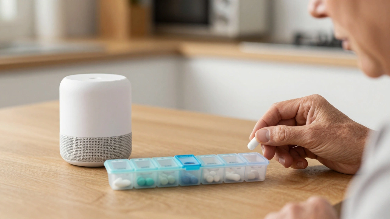 A senior listening to a voice assistant reminder about medication in a quiet kitchen, no screen visible.