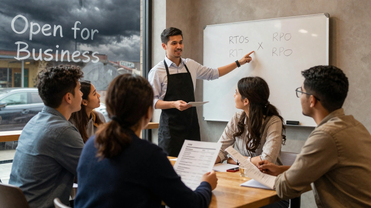 A team conducting a tabletop exercise at a café, using a printed plan to respond to a simulated server crash.