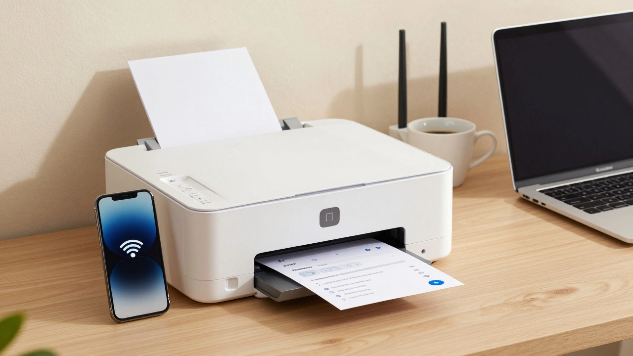 A wireless printer printing a network page while a smartphone and laptop send print jobs over Wi-Fi.