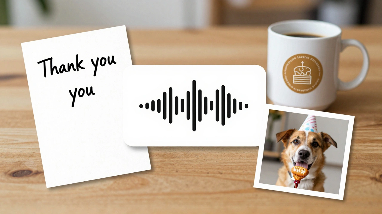 A wooden table holds a handwritten card, a coffee mug, a voicemail icon, and a photo of a dog with a treat.