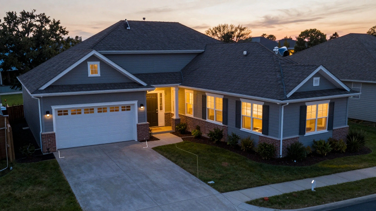 Aerial layout of a home showing camera placements at front door, garage, driveway, and windows with overlapping coverage zones.