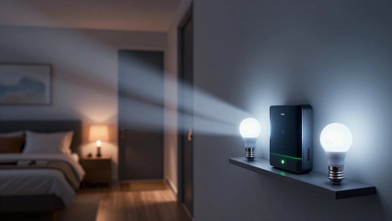 All smart lights in a home burst into cool white brightness during a fire, illuminating a clear escape route through smoke.