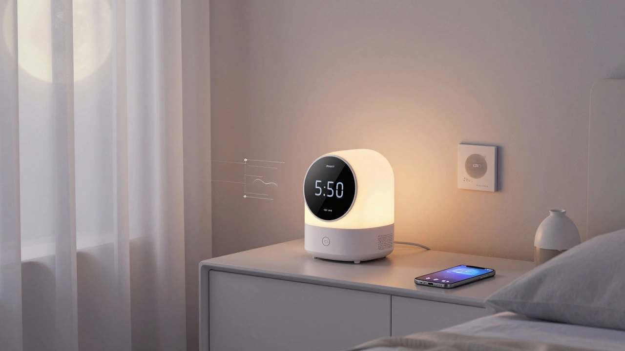 An Awair Element monitor glowing softly in a bedroom, syncing with a thermostat and phone notification at night.
