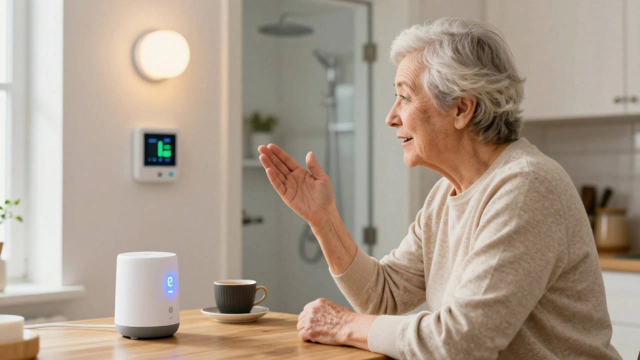 An elderly person uses voice control to manage a medication dispenser and night lights in a cozy kitchen.
