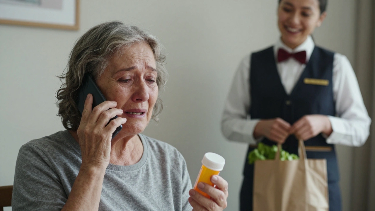 An elderly woman speaks emotionally into a phone while a concierge assistant stands nearby with groceries.