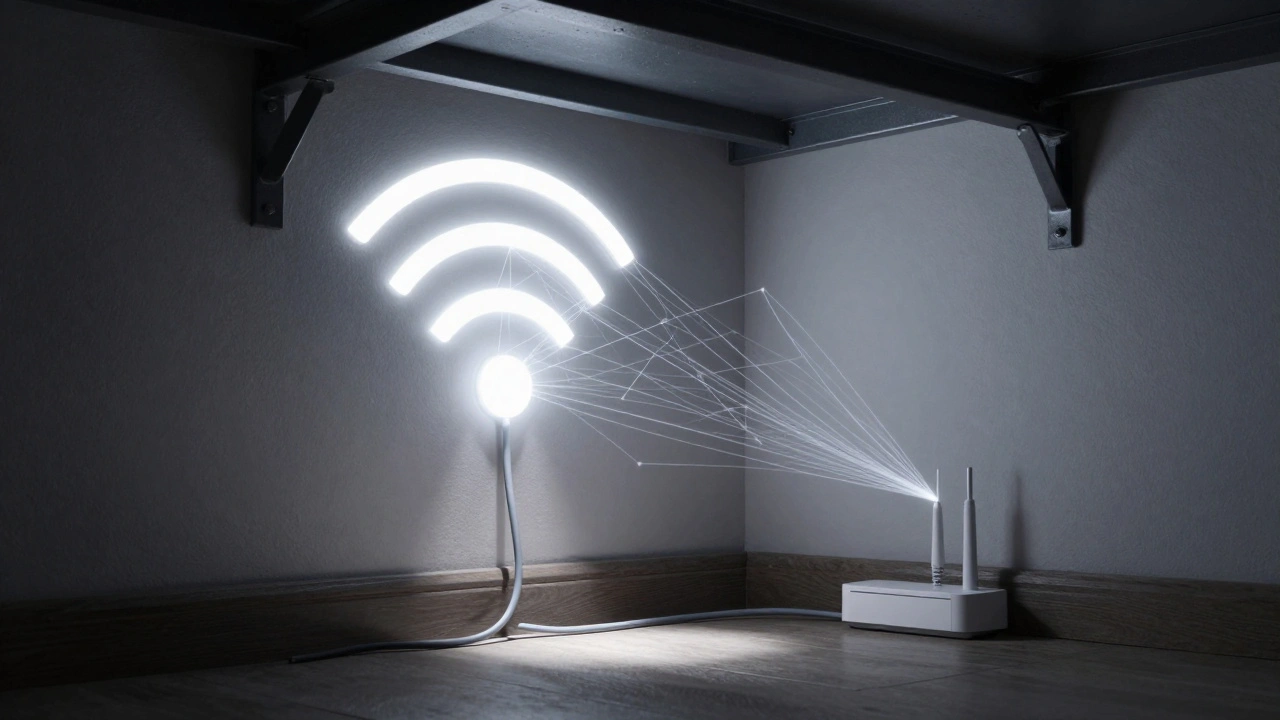 An Ethernet cable powering a wired access point in a basement, restoring strong Wi-Fi signal where it was previously weak.