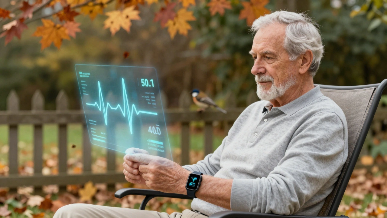 An older man wearing a smartwatch with subtle health data visualization while sitting in a garden.
