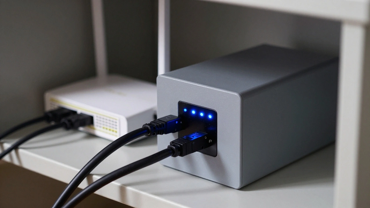 Close-up of a battery backup power supply connected to a home internet router in a cabinet.