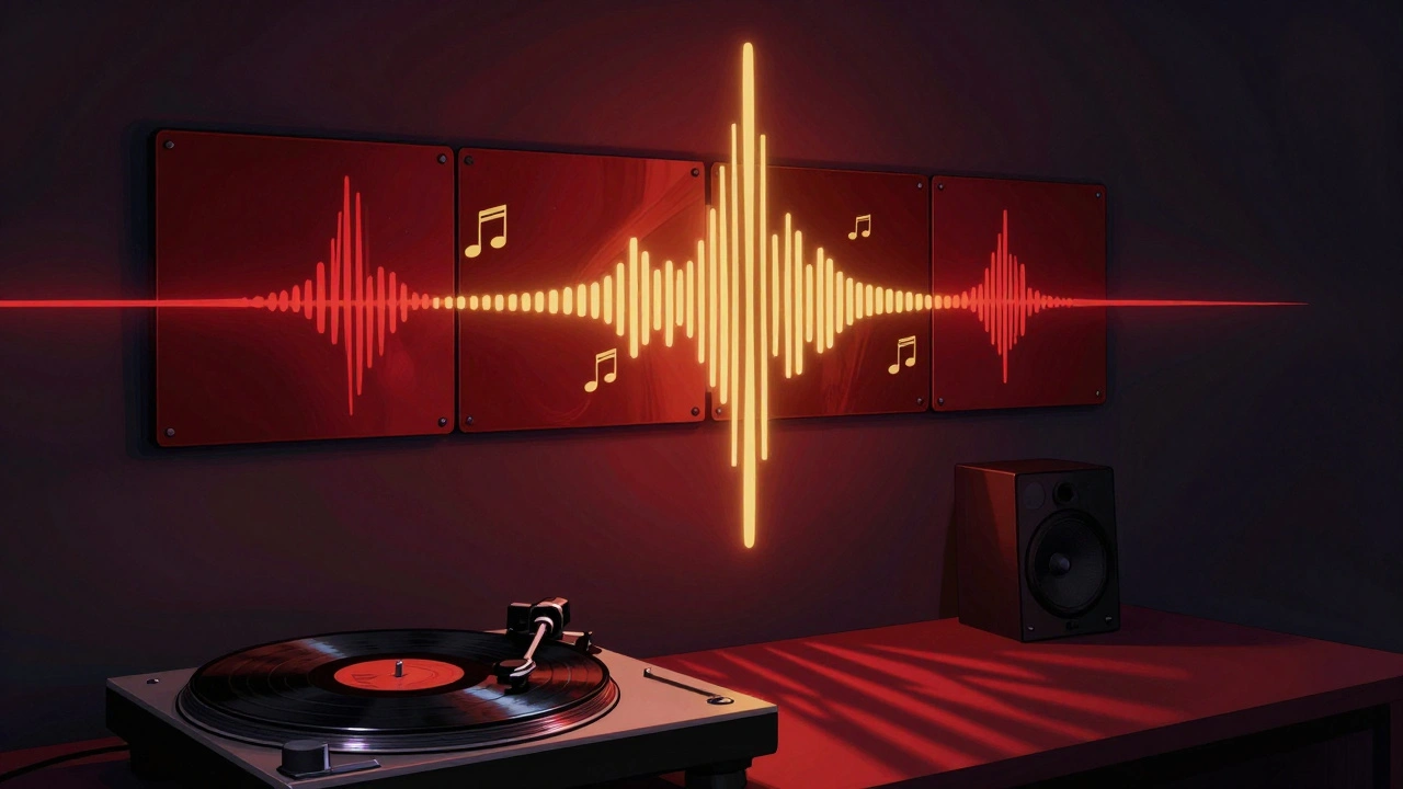 Colorful LED panels pulsing in rhythm with music from a speaker, illuminating a dark living room with dynamic light patterns.