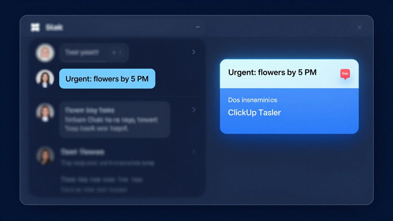 Digital split-screen: Slack message triggering a ClickUp task via Zapier, glowing interface with motion blur.