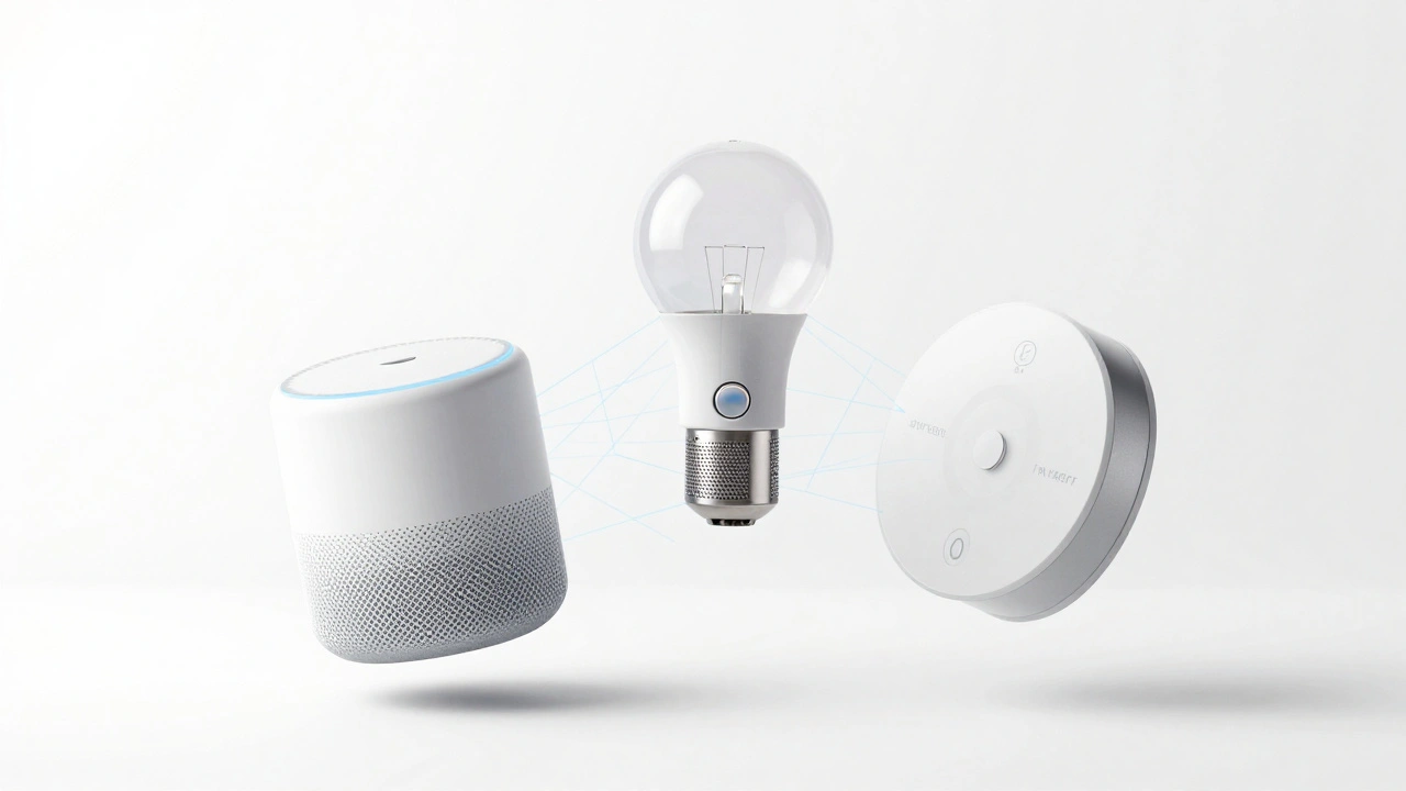 Floating smart devices connected by glowing blue network lines