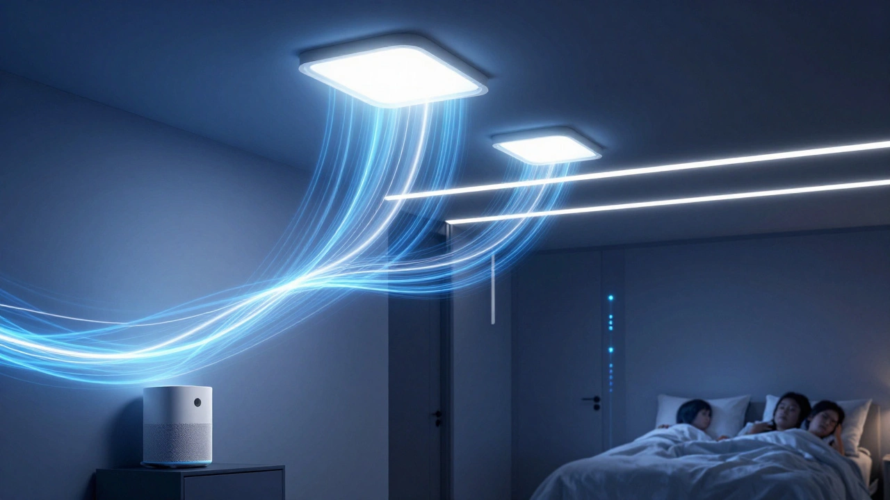 Glowing light connections between smart devices in a home, symbolizing synchronized automation for mood-based lighting and audio.