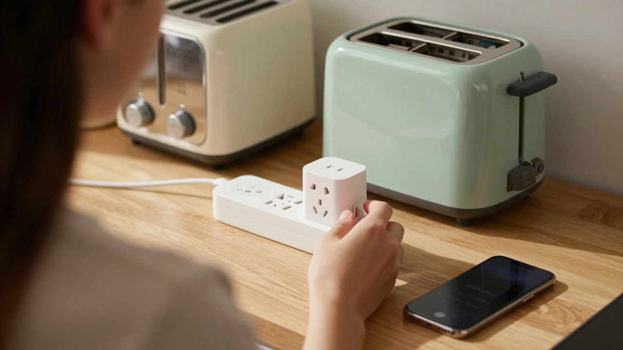 Hand plugging smart adapter into outlet near kitchen counter