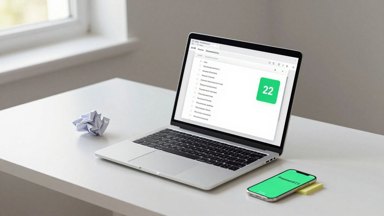 Laptop displaying a secure password manager with a discarded 'Password123' sticky note in the trash.