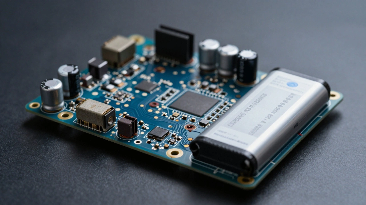 Macro view of aged electronic circuit board components.