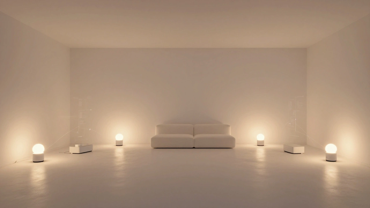Minimalist living room with smart ambient lighting system.