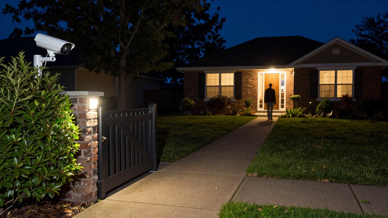 Nighttime view of a backyard with two security cameras covering gate and path, motion-sensor lights active, person walking toward house.