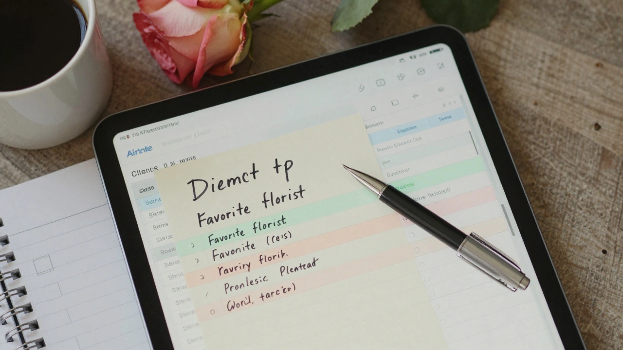 Overhead view of Airtable client profile with color-coded details, coffee cup, and rose beside a notepad.